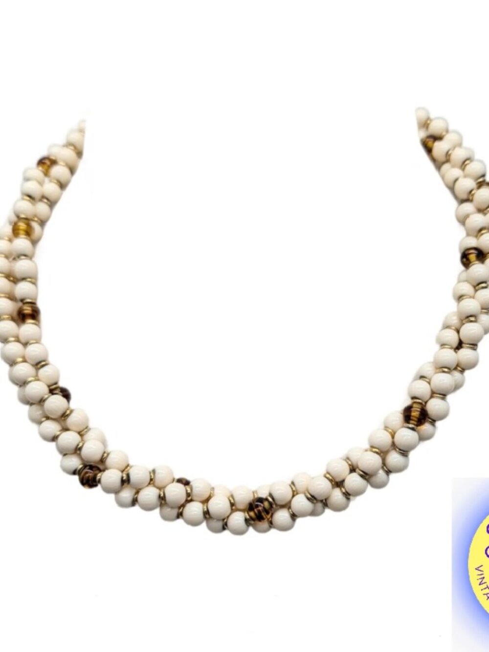 Vintage 1980s Signed Napier Beaded Faux-Ivory & Tiger's Eye Torsade Necklace